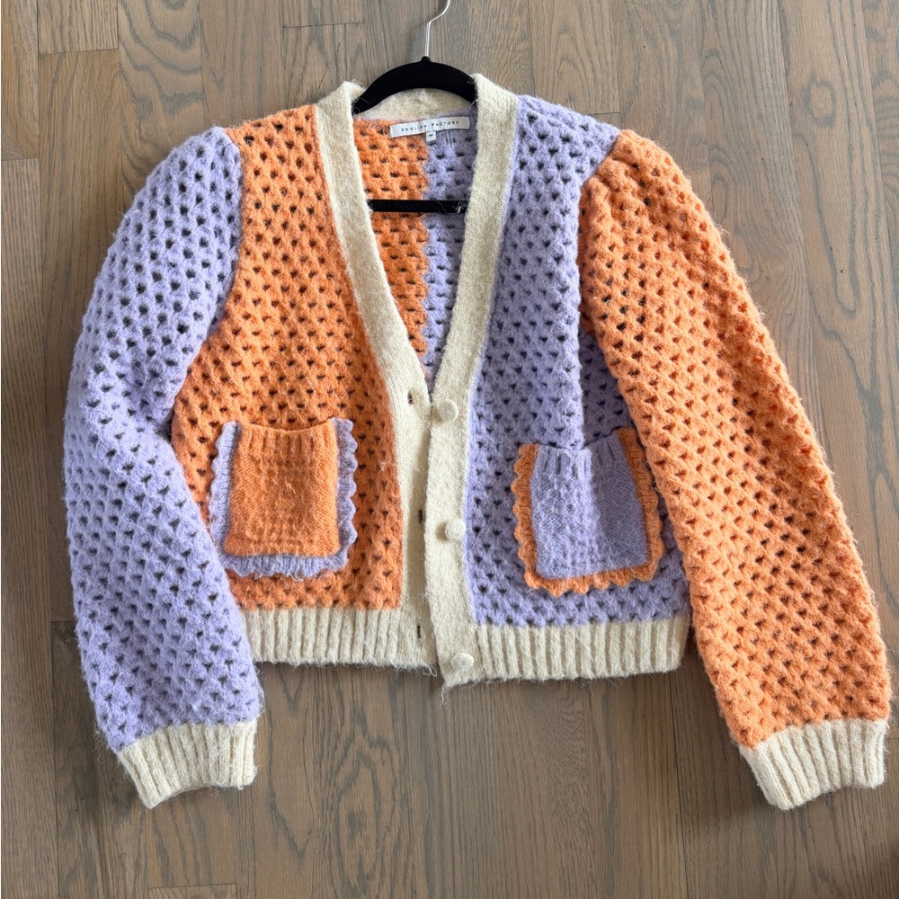English Factory Lavender & Peach Crochet Cardigan with Cream Trim